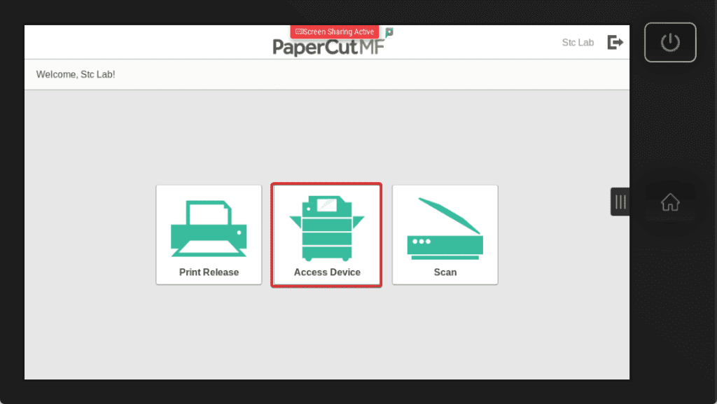 Screenshot of the PaperCut app with the 'Access Device' icon circled in red.