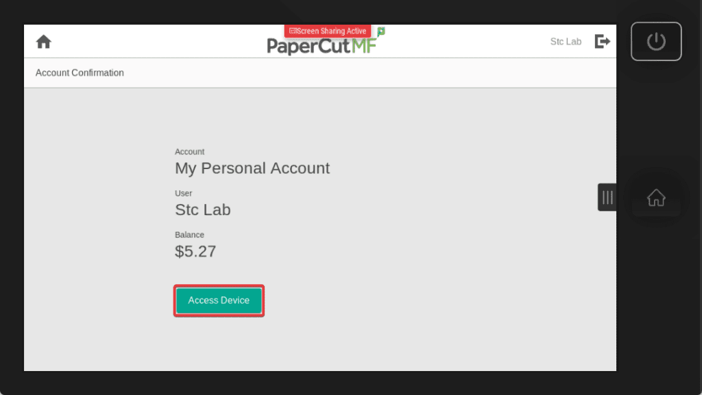 Screenshot of the PaperCut app with the 'Access Device' button circled in red.