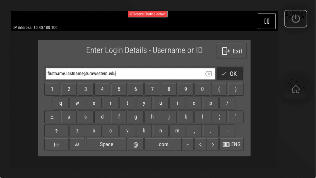 Screenshot of Xerox printer controls on login details screen.